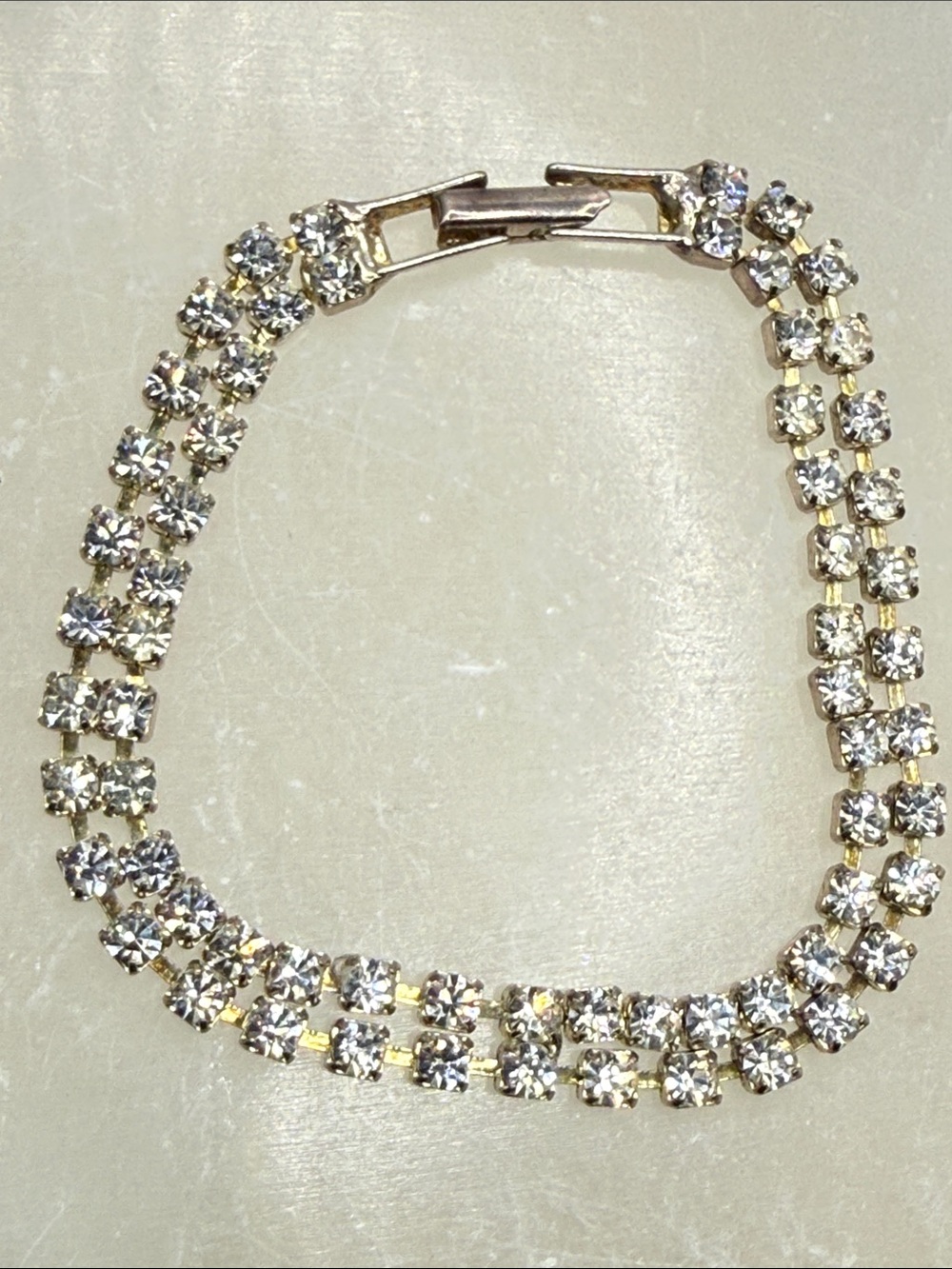 Vintage Gold-Tone Clear Crystal Double Row Tennis Bracelet prong set station